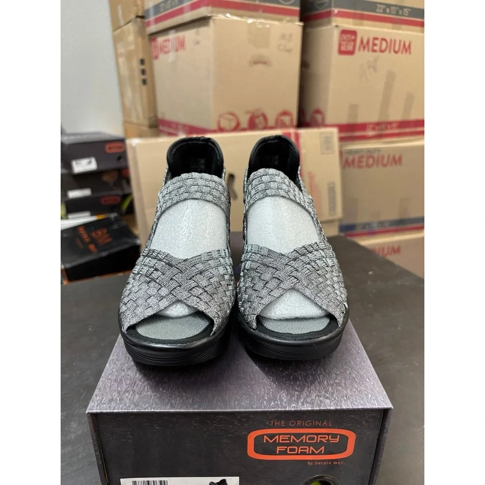 Bernie Mev Halle Pewter Woven Elastic Wedge Sandals Womens Size 36 US 5-5.5